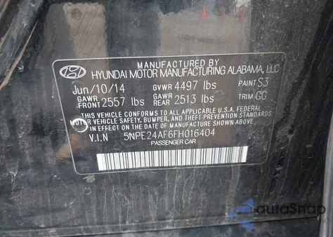 2015 Hyundai Sonata Se from USA, damaged, VIN 5NPE24AF6FH016404